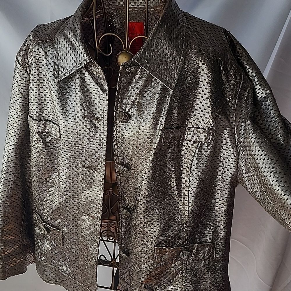 Metallic Silver Jacket Blazer With Jeweled Look Metal Buttons Size XL
